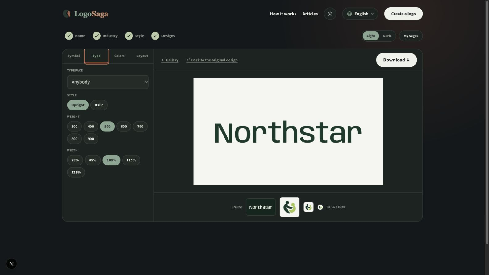 The LogoSaga editor's typeface picker and variable-font weight and width sliders.