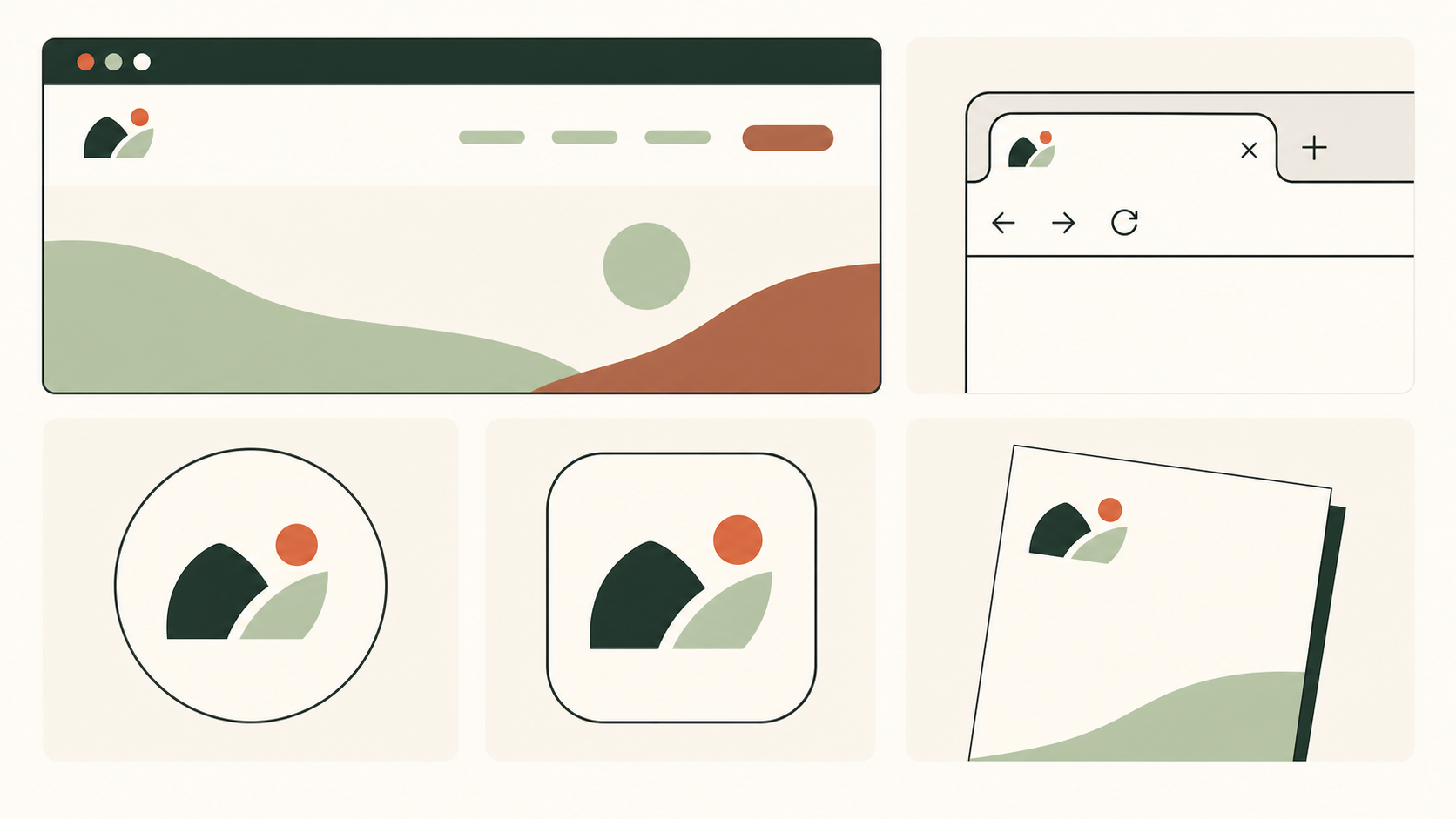 Una griglia di destinazioni del logo: header del sito, favicon, avatar social, icona app e stampa.