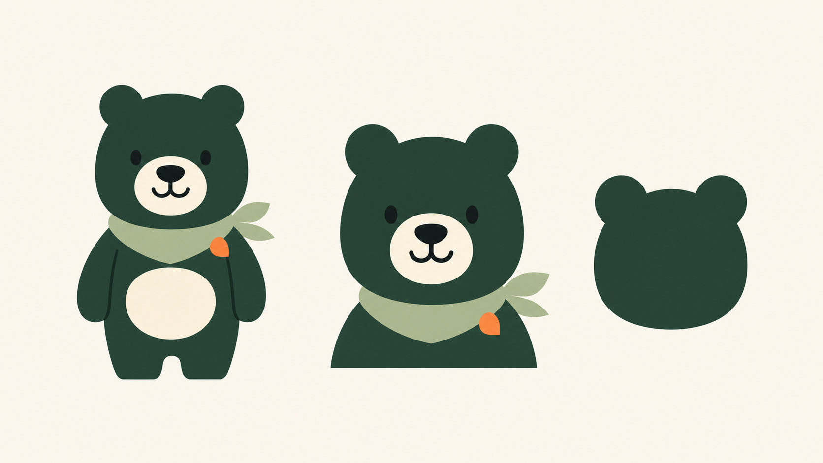 Une mascotte montrée en illustration complète, en version simplifiée, et en petite icône monochrome.