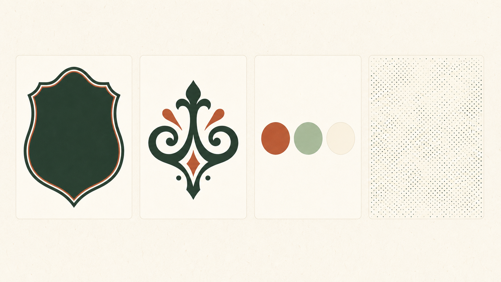 Quatre tuiles : une forme de badge, une lettre classique, une couleur sourde et une texture.